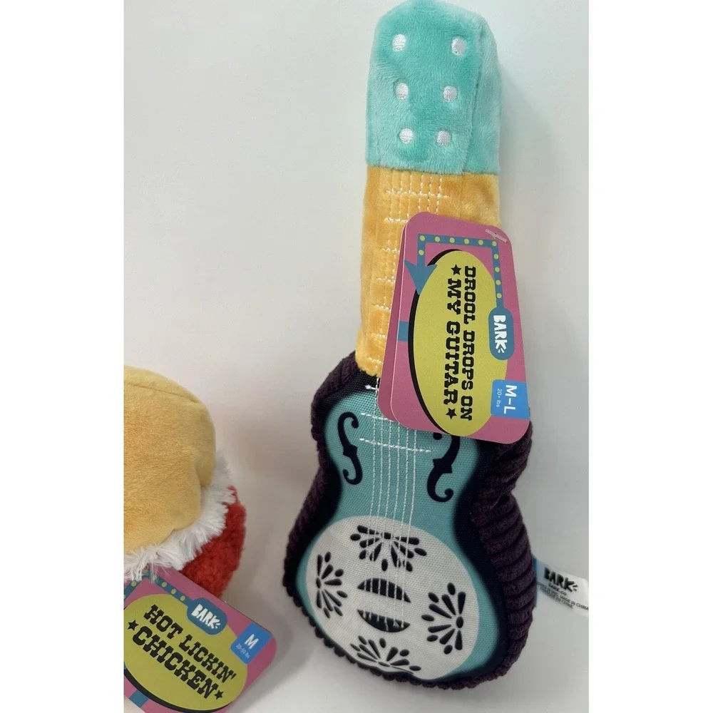2 Pack Bark Box Dog Toy 1 Drool Drops On My Guitar M-L/ 1 Hot Lickin Chicken Med
